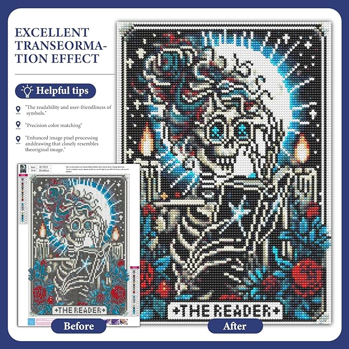 Skull Diamond Art Kits for Adults, Reader Diamond Painting Kit for Adults Beginners, 5D DIY Diamond Painting with Round Gem Art Kits for Home Wall Decor 12x16 Inch