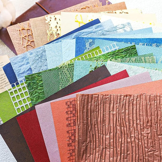 30 sheets Christmas Handmade Textured Scrapbook Paper&Mesh Fabric set - Unique Craft Mulberry Special Rice Paper Mix for Scrapbooking Junk Journaling Supplies Card Making Collage,A5 5.8x8.2 Inch