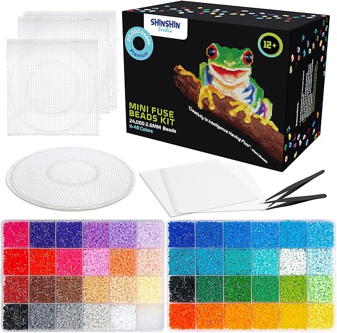 24,000 mini fuse beads kit for adults - 48 colors tiny 2.6mm beads, 5 pegboards, 2 tweezers - compatible with hama, melty, iron craft - bulk storage