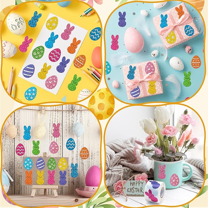beyumi easter laser bunny sticker - 1000pcs laser bunny peeps stickers in 2 rolls holographic colorful sparkly glitter easter egg rabbit adhesive decal gift holiday party cards envelope decor for kids