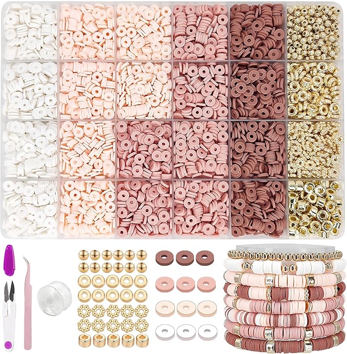 MIIIM Neutral Clay Bead Bracelet Kit, Heishi, Flat Clay and Gold Spacer Beads for Jewelry Making, Friendship Bracelet Kit for Crafts, Concerts, Raves, Gifts (Rose Smoke)