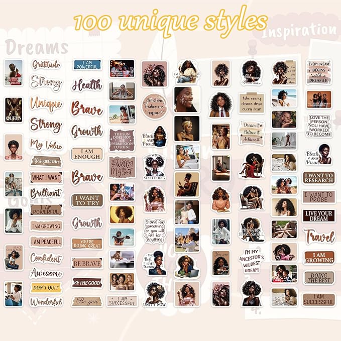 Black Girl Vision Board Stickers, 100 Pcs Inspirational Vision Board Supplies for Black Women, Affirmation Quote and Positive Self Love Decals for Journal Planner Scrapbook Laptop DIY Wall Decor