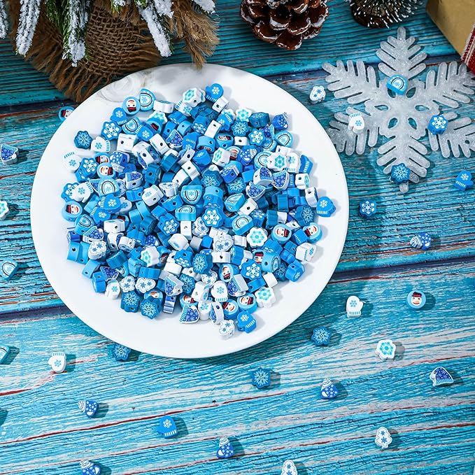 Augshy 300Pcs Winter Beads for Jewelry Making, Winter Blue Polymer Clay Beads Holiday Snowflake Snowman Craft Bead for Bracelets Necklaces Earrings Making Supplies