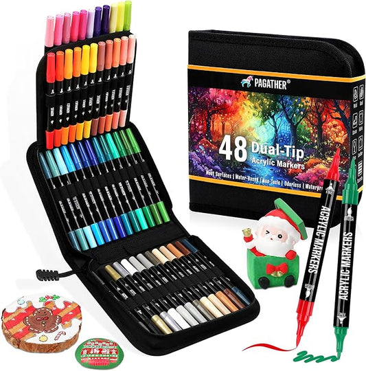 pagather 48 colors acrylic paint markers, dual tip with fine tip and brush tip pens for stone, wood, calligraphy, canvas, ceramic, metal, glass, rock painting, diy crafts art supplies kit