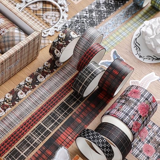 10 Rolls Vintage Floral Washi Tape Set Pastel Plaid Arts Adhesive Tapes Soft Colors Decorative Masking Tape Sets for Craft, Kids, Scrapbook, DIY, Gift Wrapping (Rose Plaid)