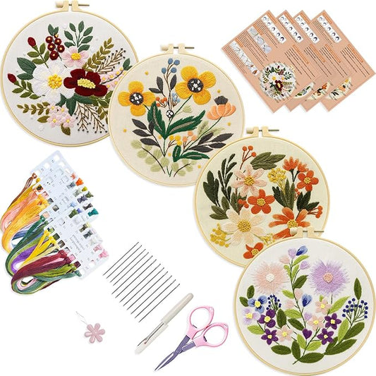 bonroy 4 sets embroidery set for beginners art crafts easy sewing includes embroidery clothes with pattern, hoop, instruction manual, color stitch set (assorted 1)