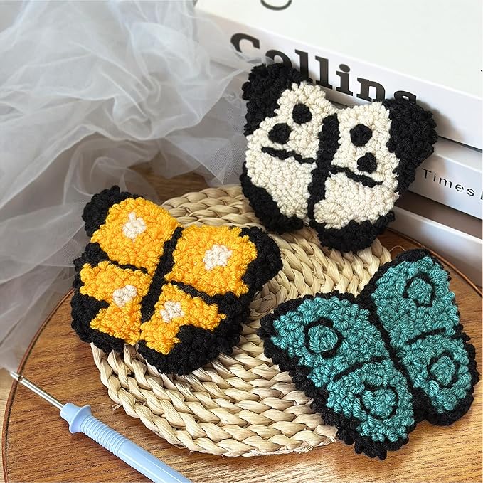 Morledoa Butterfly Punch Needle Coasters Kit, Punch Needle Kits Adults Beginner, Butterfly Coasters Kit Including Adhesive Felt, Yarns, Embroidery Hoop, Instruction