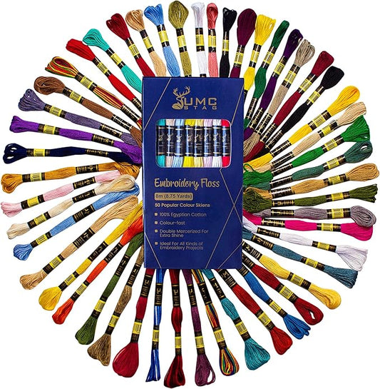 Pack of 50 Popular Colours Premium Embroidery Thread | 100% Egyptian Cotton Premium Skeins | Cross Stitch Embroidery Floss | Oeko TEX Certified Stranded Cotton | Ideal for Arts & Crafts