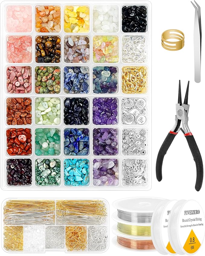 FIVEIZERO Jewelry Making Kit - 1956 PCS Natural Chip Stone Beads(25 Colors, 4-12mm) with Crystal Beads, Metal Charms, Jump Rings & Earring Hooks for DIY Bracelets, Necklaces, Earrings