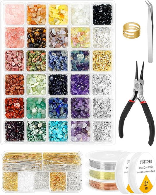 FIVEIZERO Jewelry Making Kit - 1956 PCS Natural Chip Stone Beads(25 Colors, 4-12mm) with Crystal Beads, Metal Charms, Jump Rings & Earring Hooks for DIY Bracelets, Necklaces, Earrings