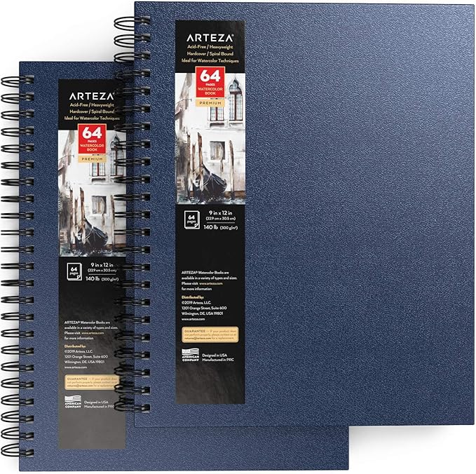 ARTEZA Watercolor Sketchbook 2-Pack, 9x12 Inches – 64 Pages Each, Cold Press 140 lb Paper, Spiral-Bound Hardcover Journal for Artists & Mixed Media