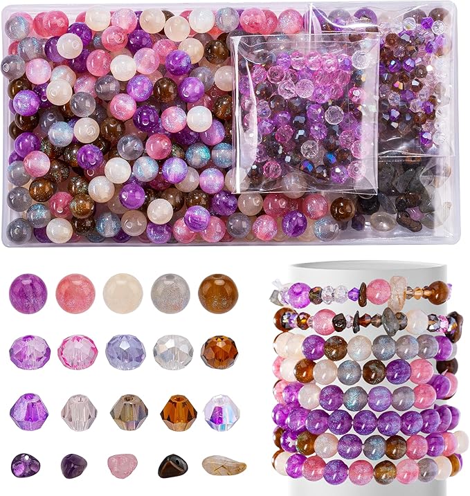 Glass Beads for Bracelet Making Kit, Assorted Beads for Jewelry Making, Including Round Beads, Rondelle Beads, Crystal Beads, Chip Stone Beads. Aesthetic Beads for Bracelets, Charms, Glasses Chains