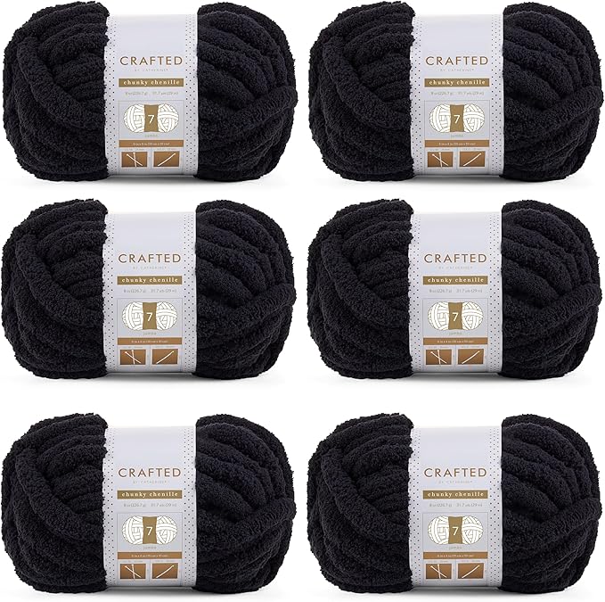 Crafted By Catherine Chunky Chenille Yarn - 6 Pack (8 oz / 227 g, 31.7 Yards Each Skein), Black, Gauge 7 Jumbo
