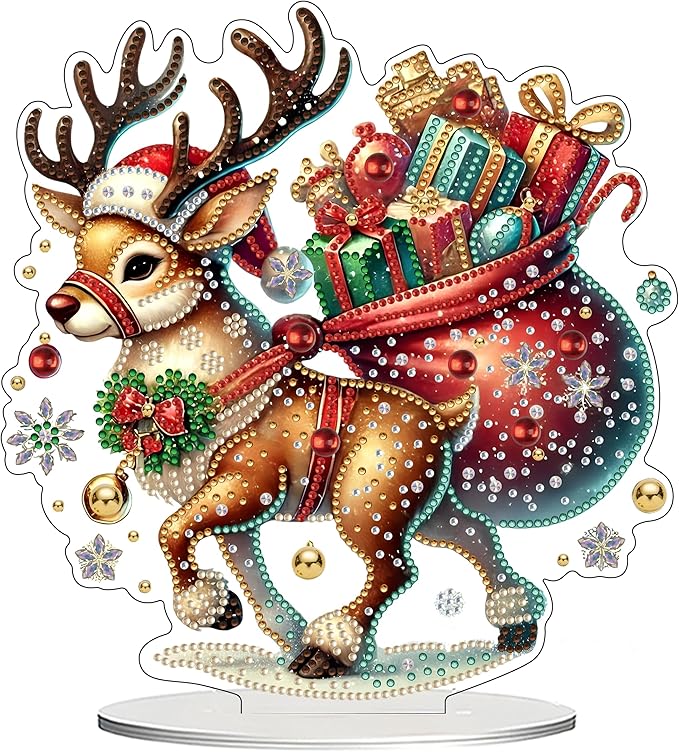 JJFox DIY Tabletop Diamond Art Painting Kit，Desktop Ornament Special Shaped Rhinestone Desk Placement Ornament，Home Stand Up Gem Painting Craft Kit Gift Double Sided (Christmas Deer)