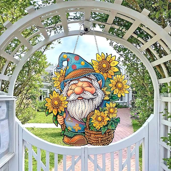 Wergund 5D DIY Gnome Diamond Art Hanging Kits, Hanging Diamond Art Sunflower, Acrylic Special Shaped Rhinestone, Window Hanging Pendants for Home Wall Garden Front Door Outdoor Decor Gift(Gnome)