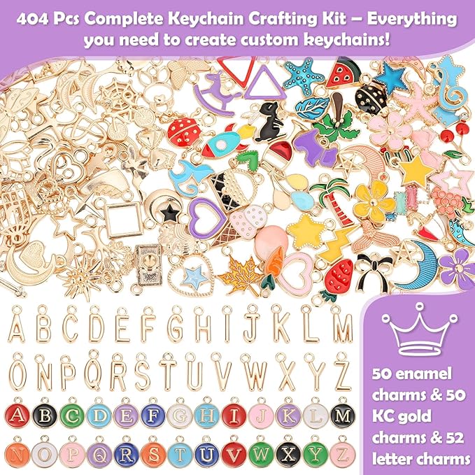 selizo 404Pcs Charms Lip Gloss Keychain Making Kit, DIY Craft Supplies with Charms, Key Chain Hooks, Jump Rings, Lobster Clasps, Chains, Jewelry Making Kit for Custom Keychains, Bags, Valentines Gifts