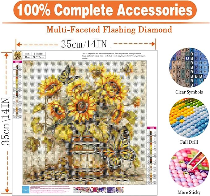 igoodom Diamond Art Kits for Adults, Sunflowers Diamond Art Kits, Full Drill Round Sunflowers Butterfly Diamond Painting Kits, DIY Gem Art and Crafts for Home Wall Decor Gift 14x14inch
