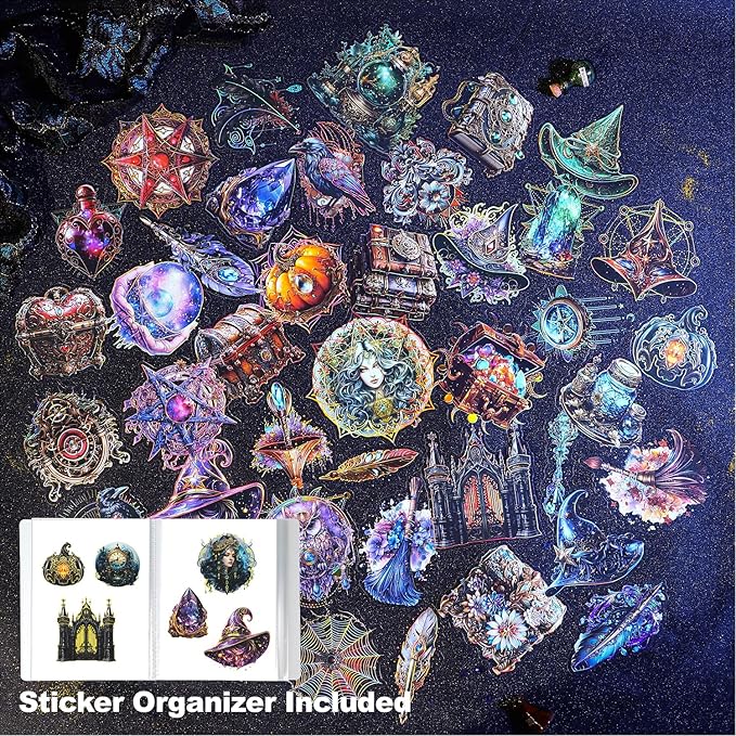 60Pcs Magical Gold Foil Stickers - Scrapbook Stickers Kit for Journaling, Ephemera Packs for Junk Journals, with Organizer