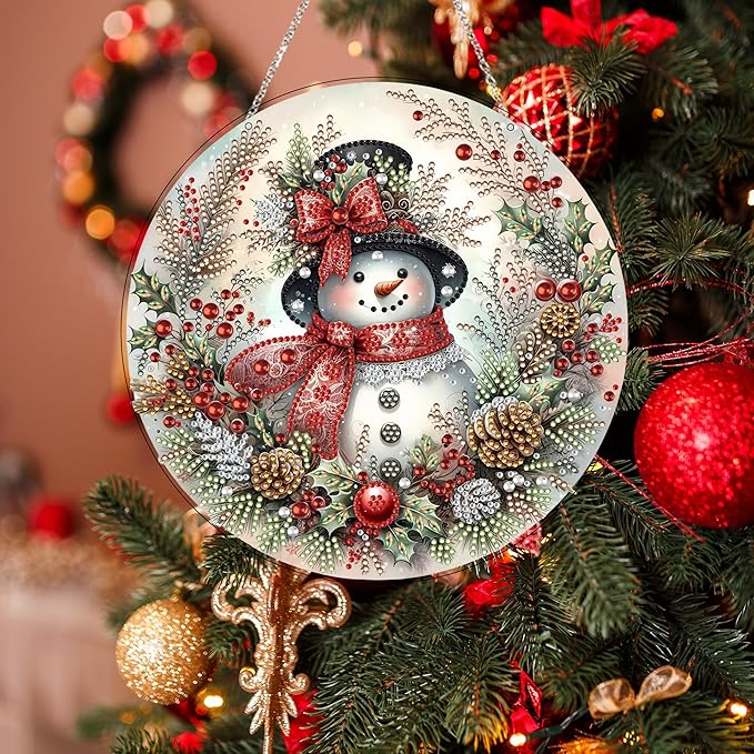 JJFox Diamond Art Hanging Kit for Adult,Special Shaped Rhinestone,Double Sided DIY Acrylic 5D Diamond Art Painting Window Pendants Home Garden Wall Hanging Kits Hanging Ornament (Christmas Snowman)