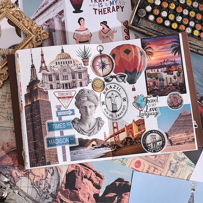 57 sheets vintage travel scrapbook sticker book, 500+ vintage & modern stickers for scrapbooking, 25 pcs ephemera papers art scrapbook supplies for adults teens women girls junk journal journaling