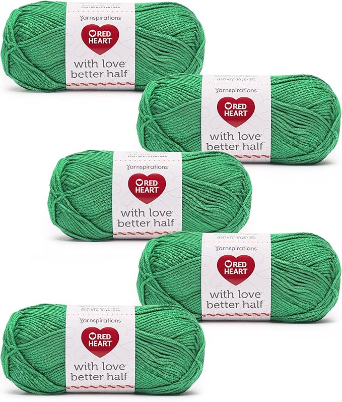 Red Heart with Love Better Half Aloe Yarn - 5 Pack of 100g/3.5oz - 50% Acrylic 50% Cotton - #4 Worsted (Medium) - 174 Yards - Knitting/Crochet