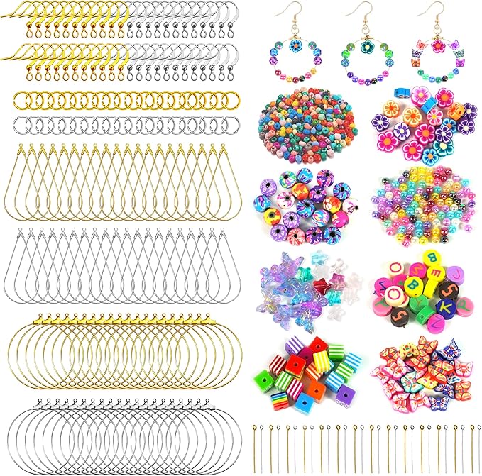Earring Making Kit with 940 PCS Beading Hoop Earring Finding Component Accessories Hooks Jump Rings Loop Earring Backs Beads and Charms for Jewelry Making Earring DIY Craft