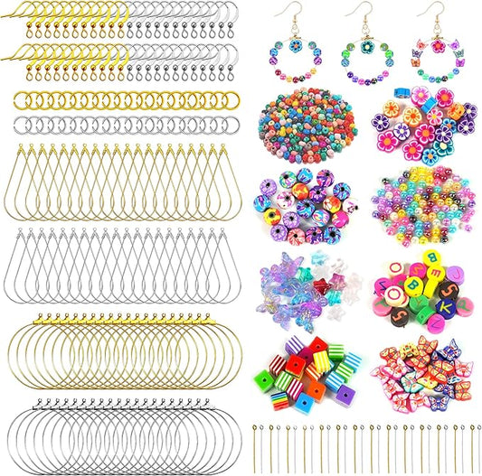 Earring Making Kit with 940 PCS Beading Hoop Earring Finding Component Accessories Hooks Jump Rings Loop Earring Backs Beads and Charms for Jewelry Making Earring DIY Craft