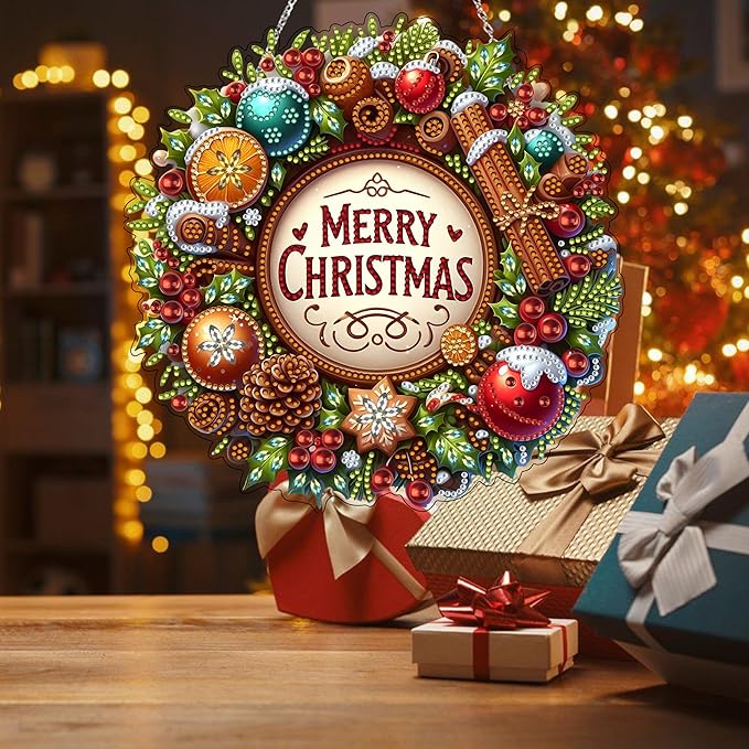 JJFox DIY Acrylic Diamond Art Painting Wreath Kits Special Shaped Rhinestone Diamond Art Window Pendants Home Garden Wall Hanging Kits Hanging Ornament (Merry Christmas)
