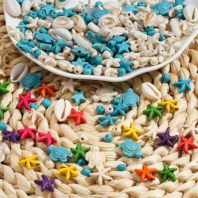 307Pcs Turquoise Sea Turtle Beads Blue and White Starfish Beads Tortoise Turtle Charms Summer Ocean Animal Spacer Bead for Jewelry Making DIY Bracelet Necklace(7 Strings)