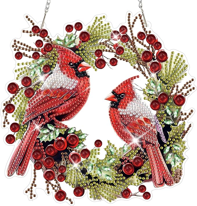 HEIBAGO Cardinal Diamond Art Hanging Kits for Adults Kids, 5D Special Shaped Crystal Diamond Painting Kit Wreath, DIY Pattern Window Pendant Gem Art Kit for Home Wall Decor 8.3 x 8.3 Inch
