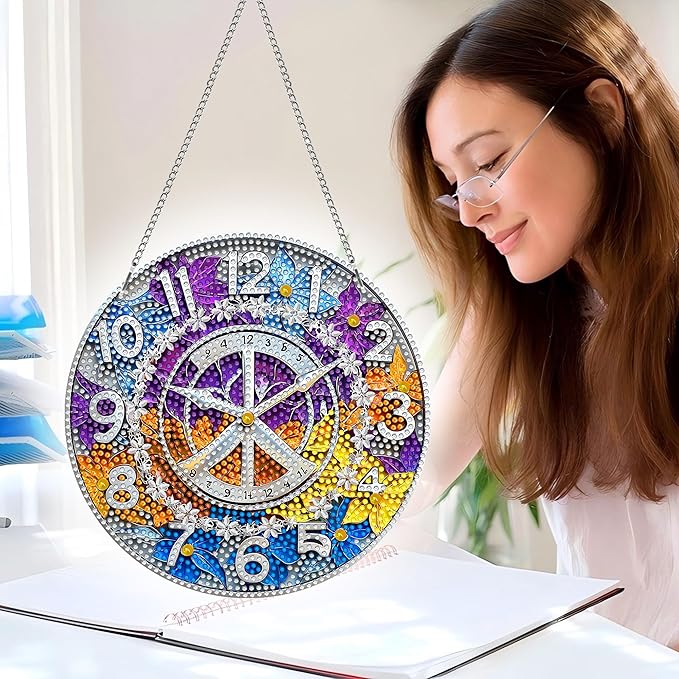 Hanging Diamond Art Kits for Adults Clock – 8x8 Inch Double-Sided Acrylic Board DIY Crystal Diamond Suncatcher Pendant, Sparkling Home Wall or Window Decoration Handmade Gift