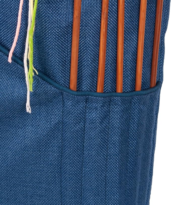 Linen Knitting Project Tote Bag,Portable Yarn Storage Bag for Crochet Accessories/Needles,Crochet Hooks Organizer,Knitting Bag for Crochet Lovers (Navy Blue)