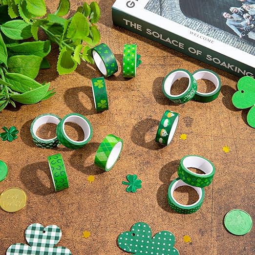 Whaline 12 Rolls St. Patrick's Day Washi Tape Green Shamrock Washi Masking Tapes 15mm Clover Plaids Lucky Holiday Paper Tape Sticker for Irish Party Scrapbook Gift Packing DIY Craft Decor, 16.4Ft