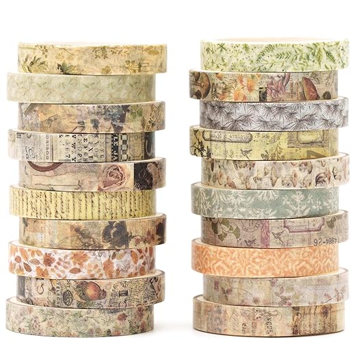 20 Rolls Skinny Vintage Washi Tape Set Retro Arts Adhesive Tapes Basic Patterns Decorative Masking Tape Sets for Craft, Kids, Scrapbook, DIY, Gift Wrapping (Forest Isles)