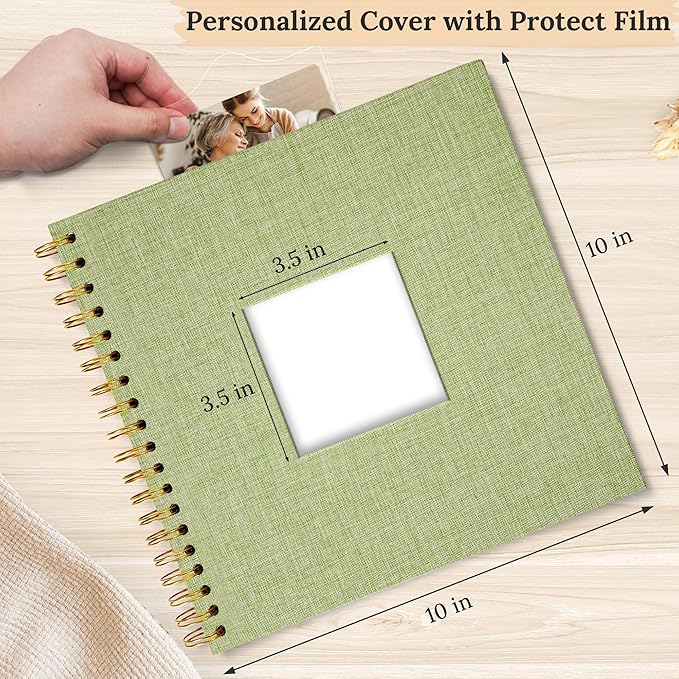 Scrapbook Photo Album Linen Cover, 10 x 10 Inch Hardcover Kraft White Pages Memory Book, for Travel Wedding Guest Book Christmas Baby Shower (40 Sheets/ 80 Pages,Grassgreen)