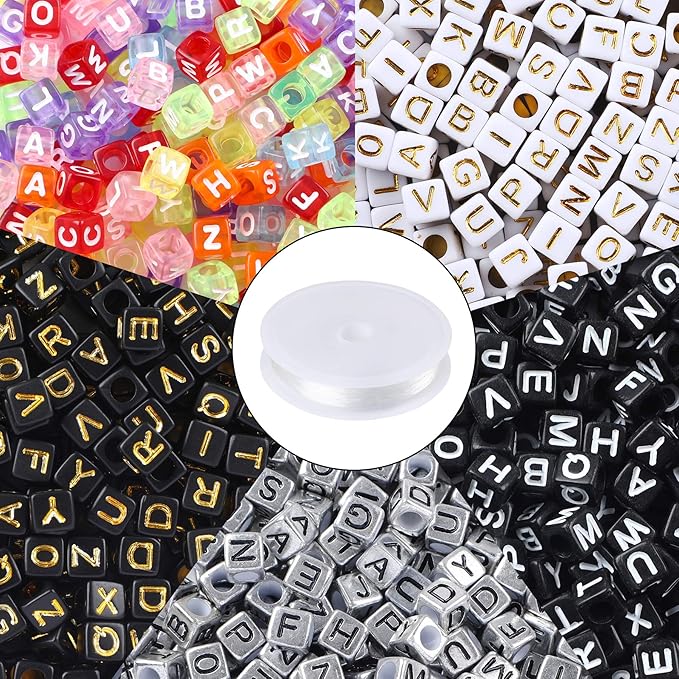 Augshy 1400pcs 5 Color Acrylic Alphabet Beads for Bracelets Making, Letter Beads with 1 Roll 10M Crystal String Cord for Jewelry Making（6mm）
