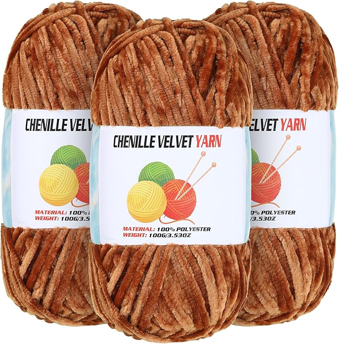 3 * 100g Velvet Chenille Chunky Yarn for Crocheting, Handcrafts Weaving Soft Chenille Yarn for Crocheting Clearance, Used for Making Baby Yarns Blanket, Clothes, Knitting Creations (Coffee)