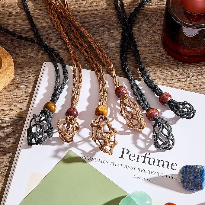 Hicarer 6 Pieces D20 Necklace Cord Empty Stone Holder Empty Necklace Holder Quartz Crystal Stone Cord, 3 Sizes Adjustable Cage Fish Netted for DIY Jewelry Making(Black,Brown)