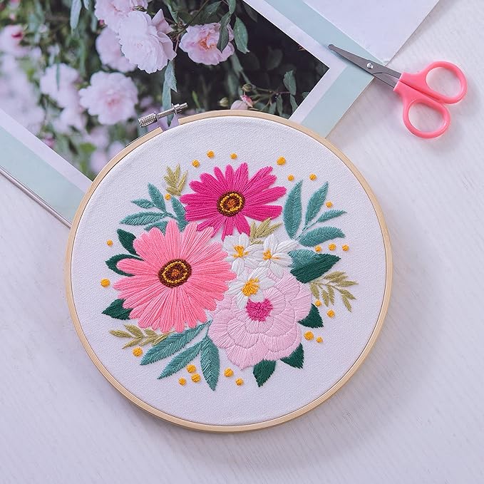 bonroy 4 sets embroidery set for beginners, art craft, easy sewing embroidery kit includes embroidered clothes with patterns, embroidery hoops, instruction manual, color stitch set (3)
