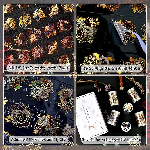 Gold Foil Floral Stickers for Scrapbooking, 6 Rolls Vintage Flower Die Cut Stickers Transparent PET Tape Set for Junk Journal Supplies, Collage, DIY Crafts Arts Decorative