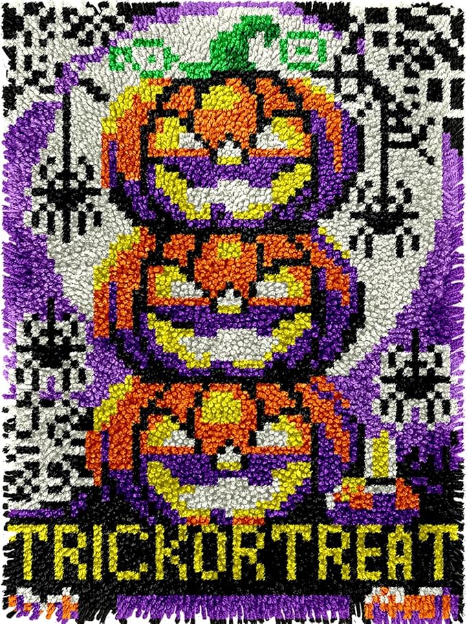 veirousa Halloween Jack O Lantern Latch Hook Kits for Adults Kids Beginners DIY Latch Hook Rug Kit Pre-Printed Hook and Latch Carpet Making Kits Cross-Stitch Wall Hanging Crochet Set 15x20 Inch