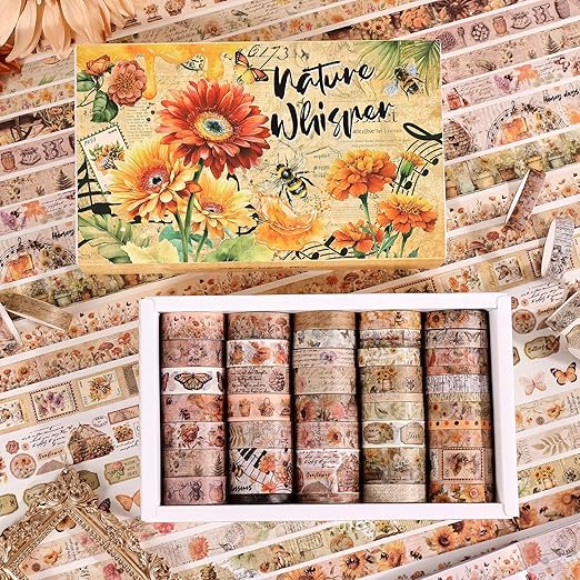 Natural Washi Tape Set, 42 Rolls - Floral, Butterfly, Bee, Botanical,Letter, Vintage Writable Scrapbooking Tapes for Journaling, Bullet Diaries, Card Making, Gift Wrapping, Aesthetic Craft Supplies