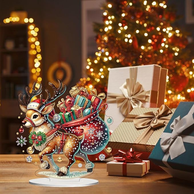 JJFox DIY Tabletop Diamond Art Painting Kit，Desktop Ornament Special Shaped Rhinestone Desk Placement Ornament，Home Stand Up Gem Painting Craft Kit Gift Double Sided (Christmas Deer)