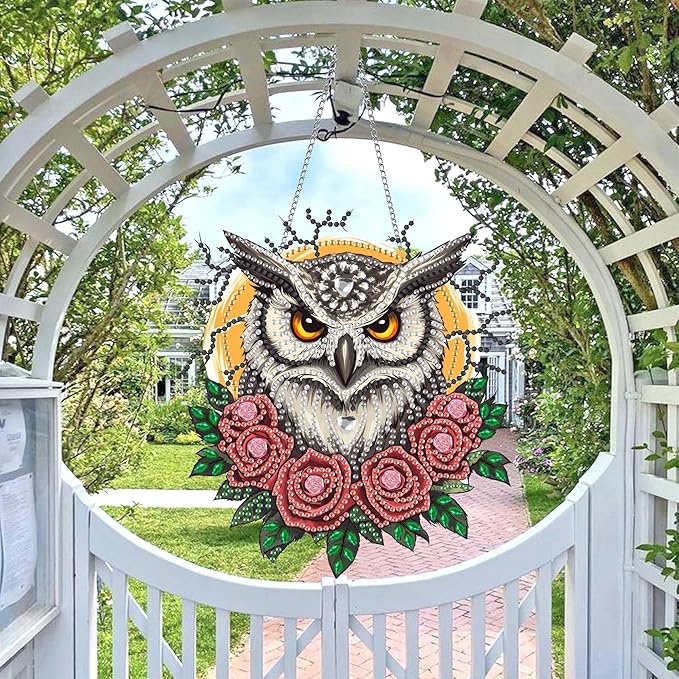 Wergund 5D DIY Owl Diamond Art Hanging Kits, Hanging Diamond Art Rose, Acrylic Special Shaped Rhinestone, Window Hanging Pendants for Home Wall Garden Front Door Outdoor Decor Gift(Owl)