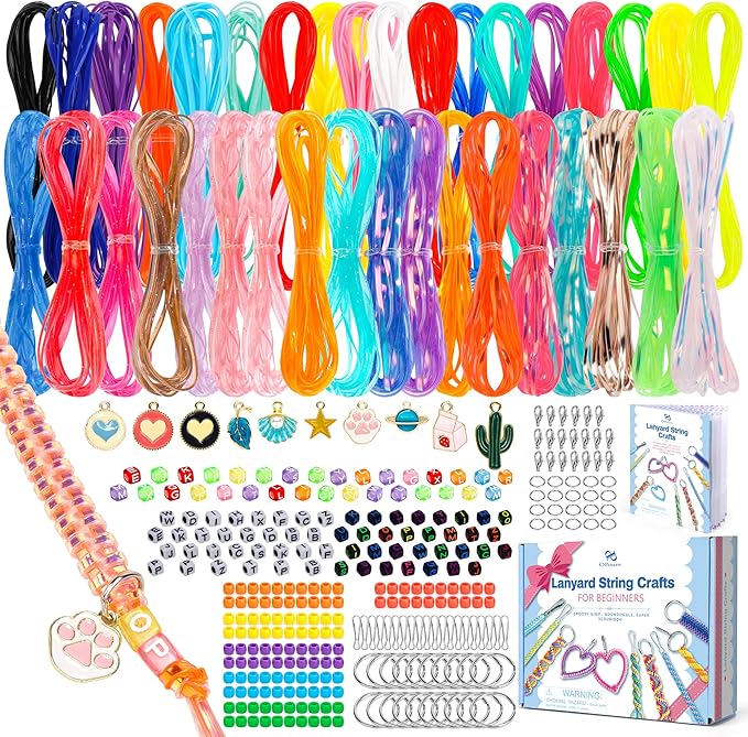PP OPOUNT Gimp String Craft Kit, 318 PCS Lanyard String Kit with Beads, Pendants & Keychain Accessories, DIY Bracelet Making Kit for Friends, Christmas Gift & Holiday Craft Set