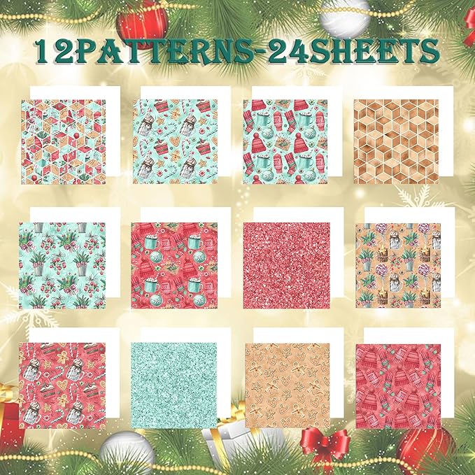 Christmas Pattern Scrapbook Paper, 6 Inch Card Production Supplies, 24 Sheets Single Sided Acid-Free Cardstock Greeting Card, Handmade Gift Journaling Craft Kits (A-style)