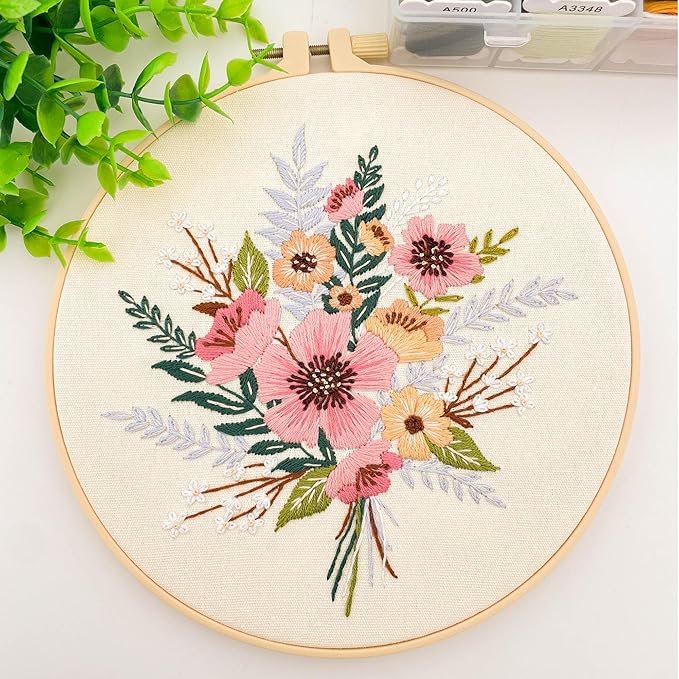Silentsea Embroidery Kit, Floral and Nature Designs, 3-Pack with Hoops, Needlework Pattern Set (Flower)
