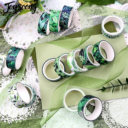 Botanical Green Washi Tape Set- 16 Rolls Leaf Themed Decorative Tape for Journals & Nature Crafts Scrapbooks (0.6" x 10 ft) - Monstera, Bamboo, Olive, Ginkgo, Mint Leaves