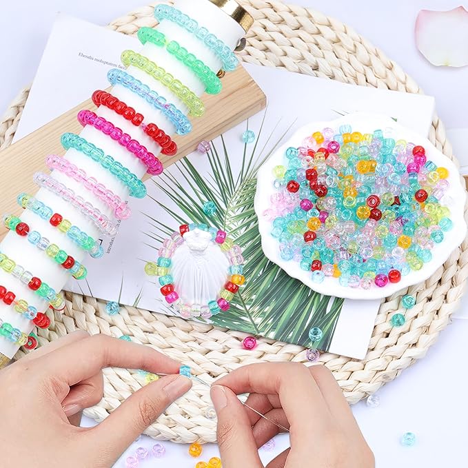 Glitter Pony Beads - 1000 Pcs Clear Plastic Beads for Friendship Bracelets - Assorted 10 Colors - 6x9mm