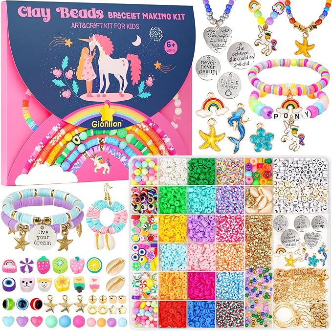 Gionlion Easter Basket Stuffers for Girls 8-12, Bracelet Making Kit Arts and Crafts for Jewelry Making Supplies Kit with 198Pcs Letter Beads, Unicorn/Mermaid DIY Birthday Christmas Easter Gifts